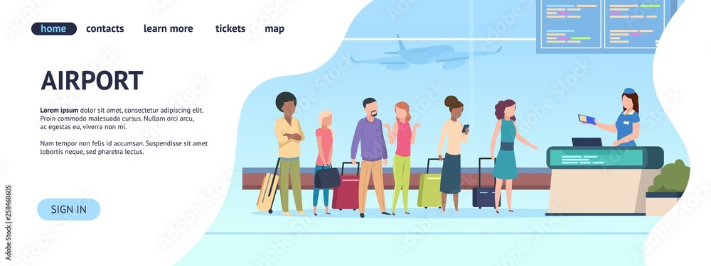 Airport landing page. Passenger terminal queue departure arrival gate, airlines check boarding. Online registration vector web page