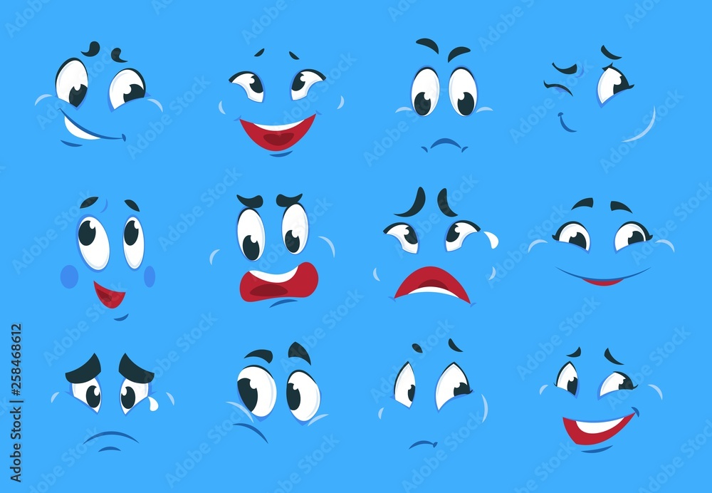 Funny cartoon expressions. Evil angry faces crazy character sketches fun  smile comic caricature smiley face. Vector cartoons emotions set Stock  Vector | Adobe Stock