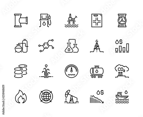 Oil line icons. Gas fuel station, chemical industry petrol tank, petroleum refinery factory, oil rig drill platform. Fuel vector set