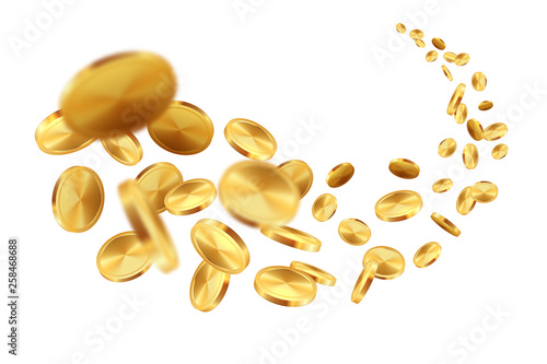 Flying gold coins. Realistic falling money dollar jackpot game treasure win prize bank lottery. Vector rain of 3d fly coins