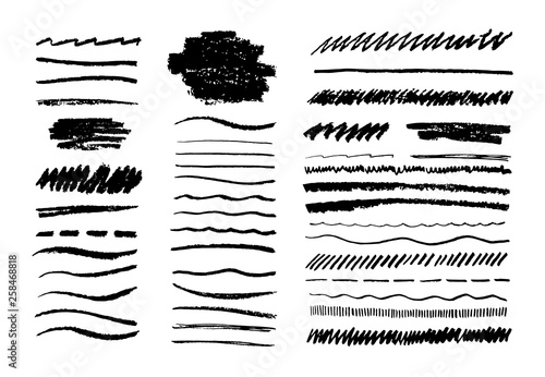 Grunge pencil line. Scribble chalk brush, black doodle graphite art texture, hand drawn sketch elements. Vector grungy lines set