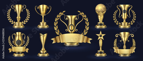 Golden trophy. Realistic champion award, contest winner prizes with laurel shapes, 3d awards banner. Vector golden cup set