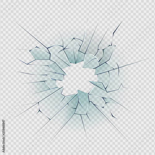 Broken glass. Cracked window texture realistic destruction hole in transparent damaged glass. Vector realistic shattered glass template photo