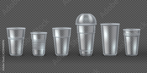 Plastic cups. Disposal coffee drink mugs isolated mockup, realistic 3D packaging for food and beverages. Vector disposable tableware set