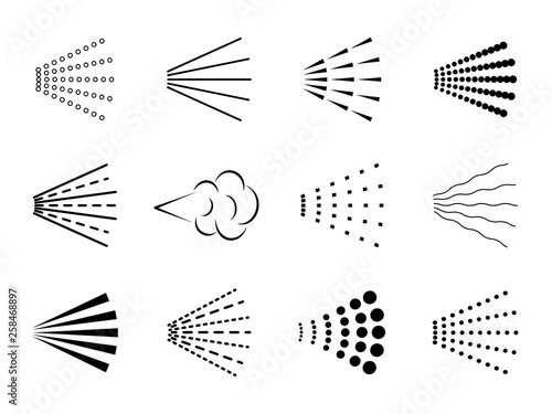 Spray icon. Clean water drop hairspray symbol, black bathroom scatter silhouette, nozzle deodorant gas cloud. Vector spray logo set