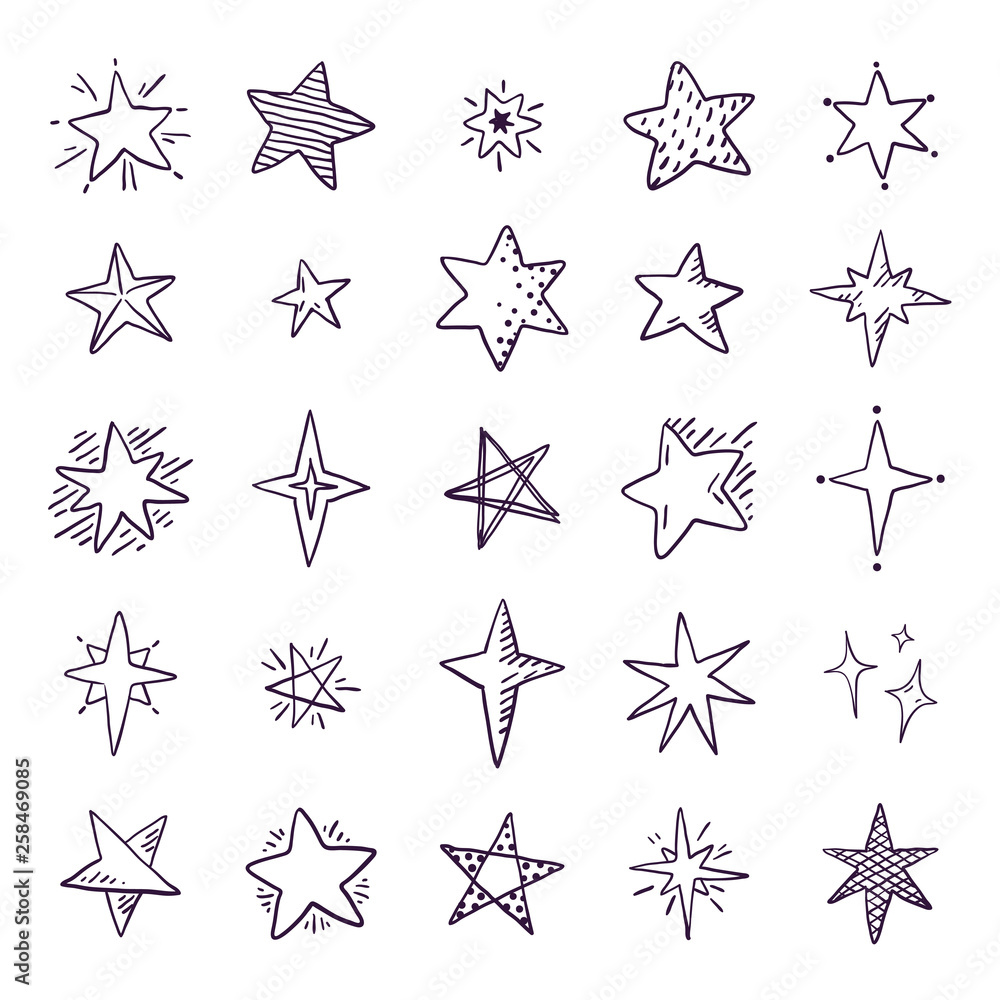 Doodle stars. Cute pen sketch space elements, simple black ...