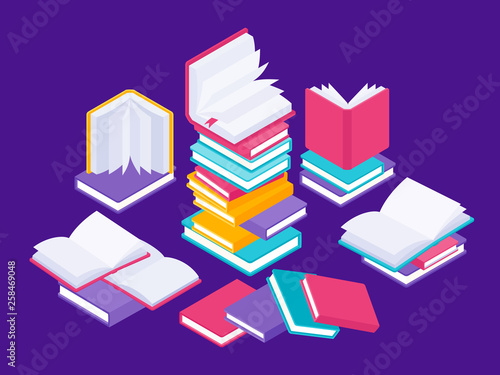 Flat books concept. Literature school course, university education and tutorials library illustration. Vector group data of books in stack