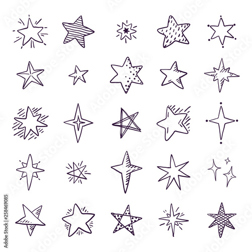 Doodle stars. Cute pen sketch space elements, simple black geometric set, hand drawn star pattern for print textile. Vector space stars