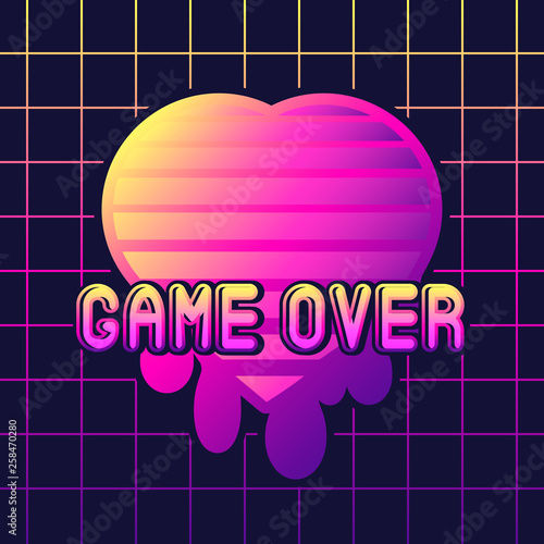 Neon retrowave style melting heart symbol with  text "Game over". Futuristic digital vector illustration. Vaporwave, cyberpunk aesthetics.