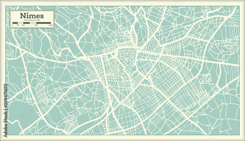 Obraz premium Mapa miasta Nimes we Francji w stylu retro. Mapa przeglądowa. Ilustracji wektorowych.
