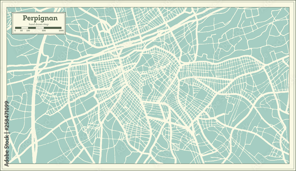 Obraz premium Mapa miasta Perpignan we Francji w stylu retro. Mapa przeglądowa. Ilustracji wektorowych.