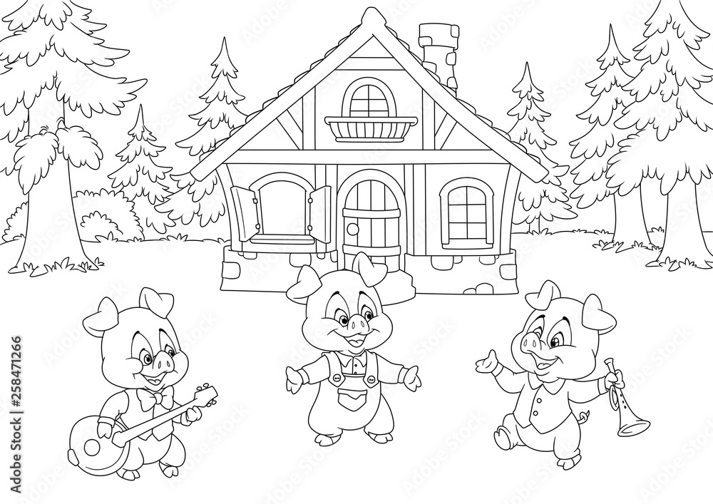 Fairy tale three little pigs Forest nature house background cartoon album  illustration coloring page Stock Illustration | Adobe Stock