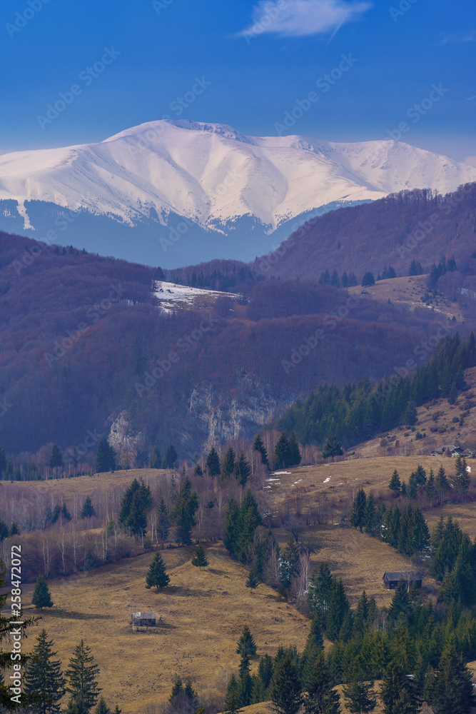 Rural scene in Romania with small houses placed on hills in the foreground between trees and a mountain peak in the background covered in snow