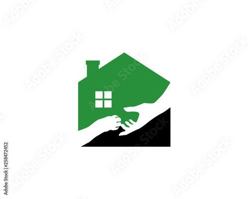 Human hand offering help to pets cat dog paw inside a safe house