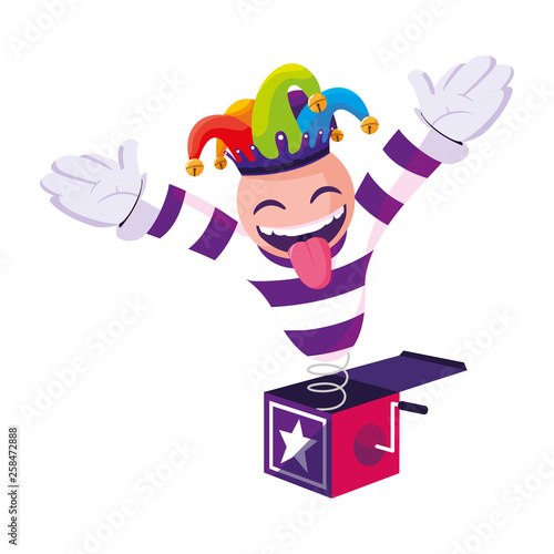 crazy emoticon with joker hat in surprise box