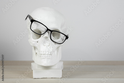 anatomical plaster skull in black glasses, bust, sculpture on the light background on the table. Human gypsum skull for the study of anatomy for artists or doctors.