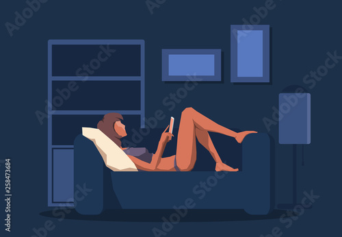 Young girl lying on sofa with smartphone. Vector illustration