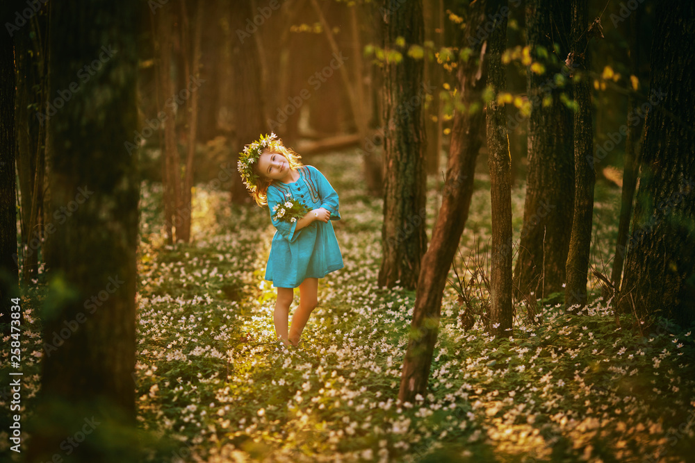 Beautiful little girl in a blue dress walking in the spring wood - obrazy, fototapety, plakaty 