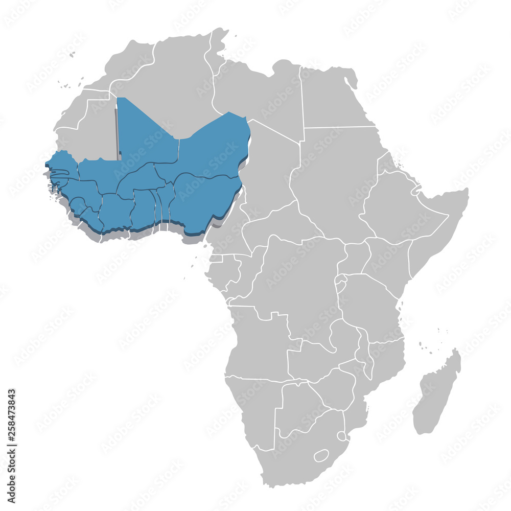 West Africa in blue on the grey model of Africa map. Vector illustration