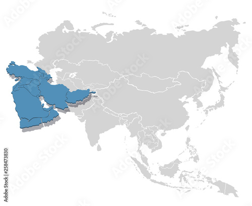 South-West Asia in blue on the grey model of Asia map. Vector illustration