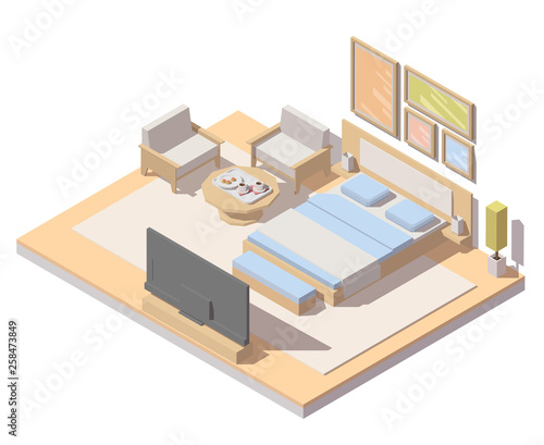 Vector isometric bedroom or hotel room interior with double bed, tv, chairs and table