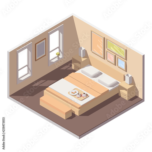 Vector isometric bedroom interior with bed, nightstands and night lamps. Interior cutaway icon