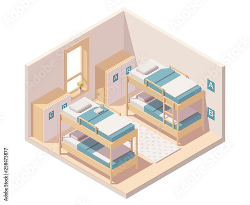 Vector isometric hostel room or dormitory room interior with bunk beds and wardrobes