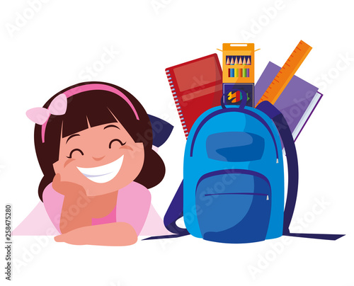 happy little schoolgirl with schoolbag and supplies