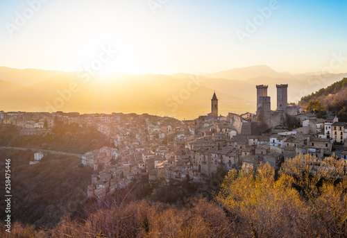 Pacentro  Italy  - A little medieval town with old towers beside Sulmona city  province of L Aquila  Abruzzo region. Here a view of historical center.