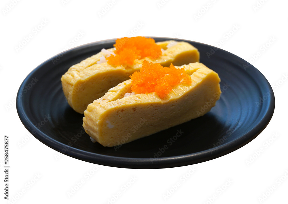 Tamagoyaki Sushi, Sweet omelette in a black ceramic plate isolated on white background. Tamagoyaki Sushi, Sweet omelette in a black ceramic plate isolated on white background.