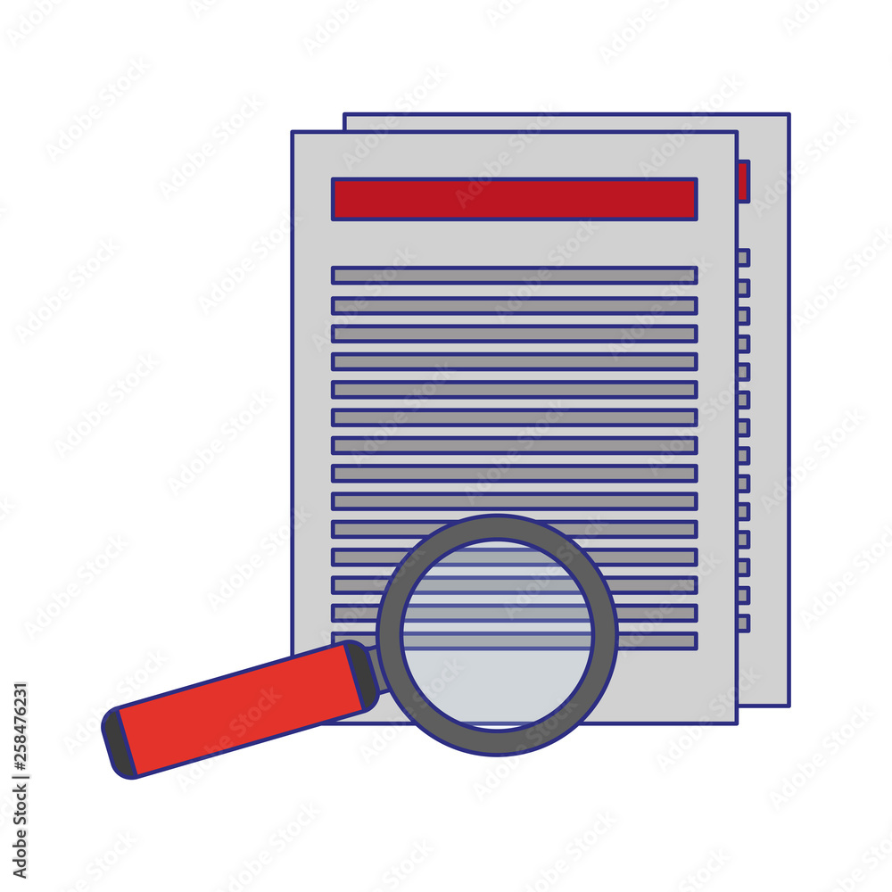 business documents and magnifying glass blue lines business documents and magnifying glass blue lines