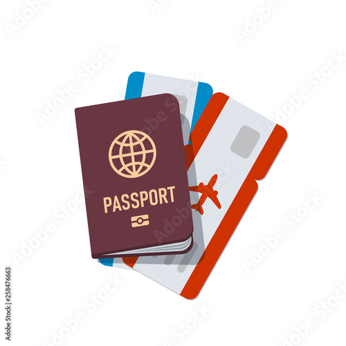 Brown european passport with on air ticket.