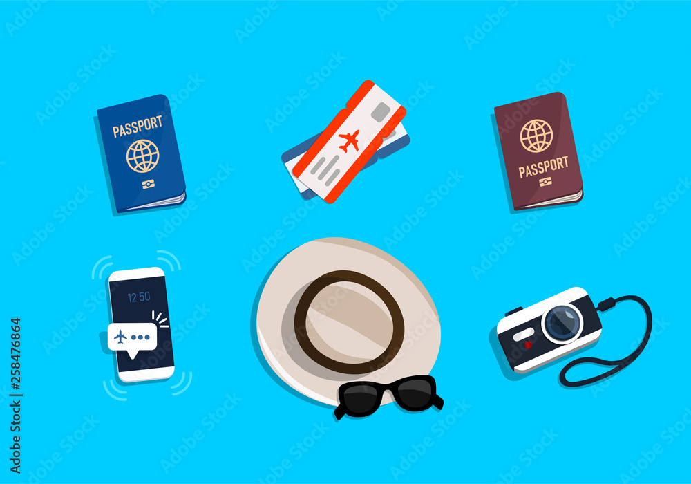 Traveler's accessories. Set objects for trip. Top view. Vector illustration in flat style. Traveler's accessories. Set objects for trip. Top view. Vector illustration in flat style.