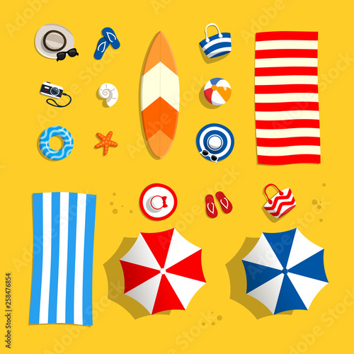 Beach accessories on sand. Set objects for swimming and vocation sea. Top view. Vector illustration in flat style.
