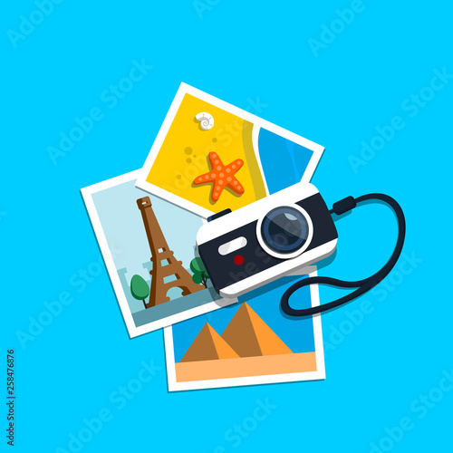 Camera and pile photos. Photos from travels. Vector illustration in flat style.