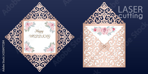 Laser cut square envelope with patterned corners, wedding invitation card with rose flowers. Cutout paper four fold card template. Suitable for greeting cards, invitations, menus.