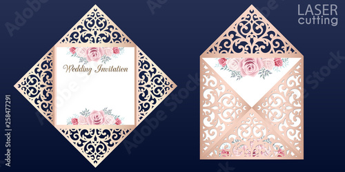 Laser cut square envelope with patterned corners, wedding invitation card with rose flowers. Cutout paper four fold card template. Suitable for greeting cards, invitations, menus.