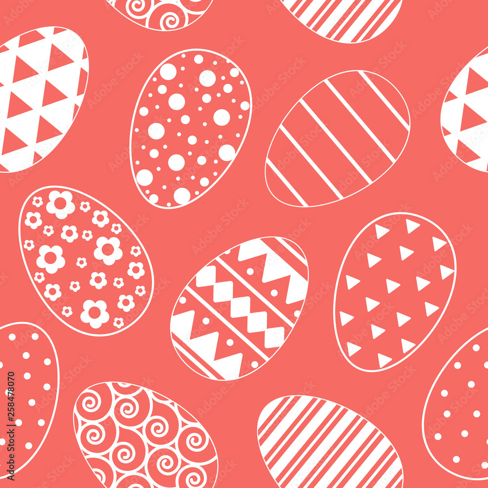 pattern with easter eggs. White line pattern on coral pattern with easter eggs. White line pattern on coral