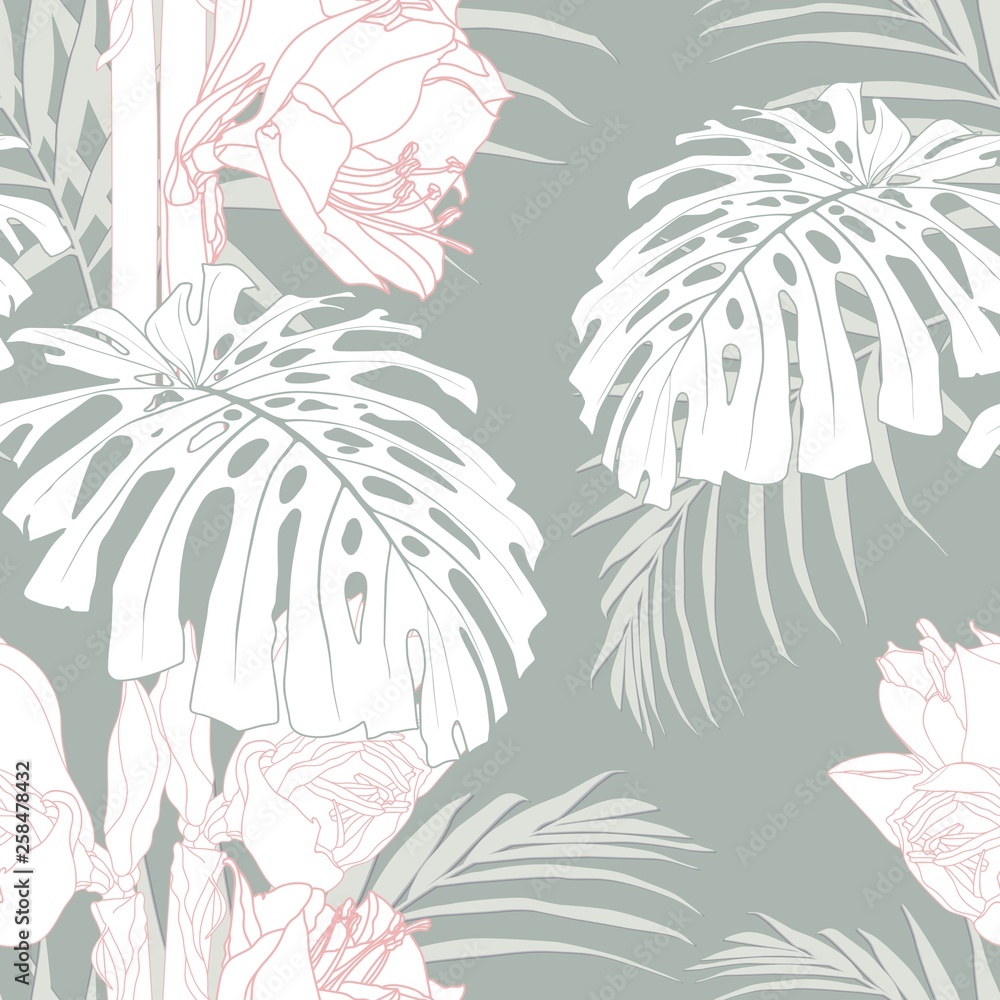 Pink line lily flowers with exotic monstera leaves, light green background. Floral seamless pattern. Tropical illustration. Summer beach design. Paradise nature. 