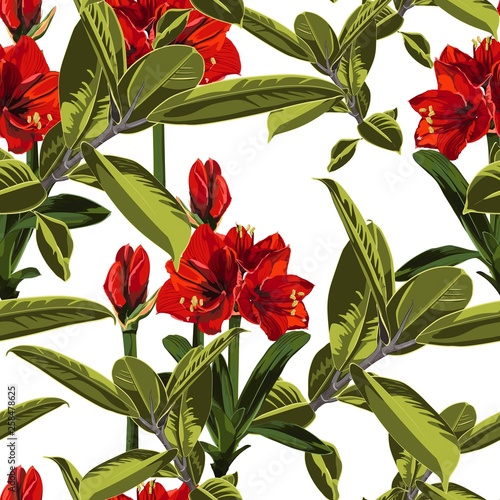 Seamless pattern  red lilies  tropical ficus plants on white background.