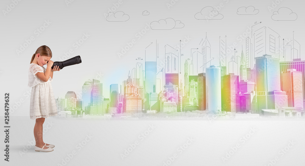 Obraz premium Cute little girl looking through spyglass to a big city 