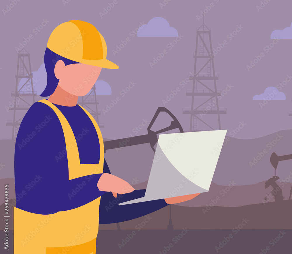oil industry worker with laptop avatar character