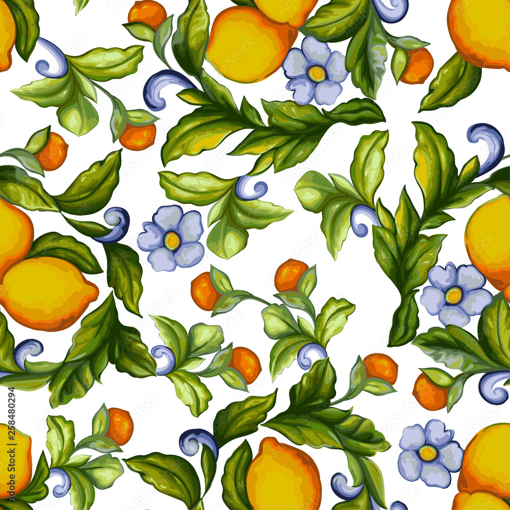 decorative seamless pattern of lemons and flowers on a white background decorative seamless pattern of lemons and flowers on a white background