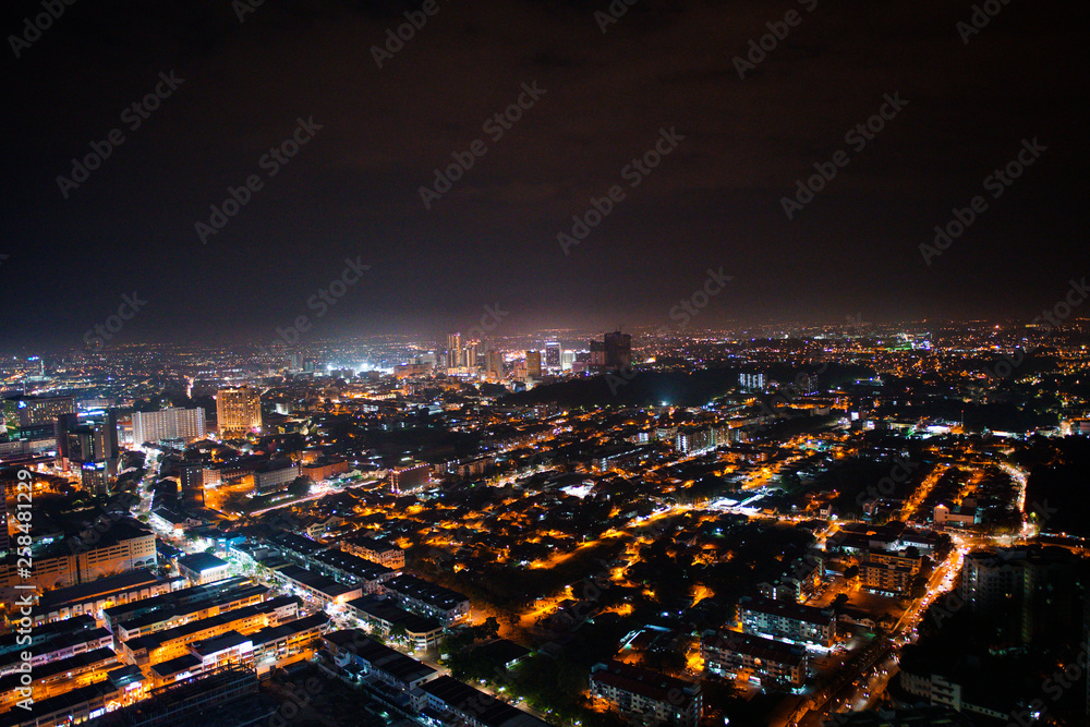 Top view of Malacca town at night. Wide angle view, some acceptable digital noise and grain. 