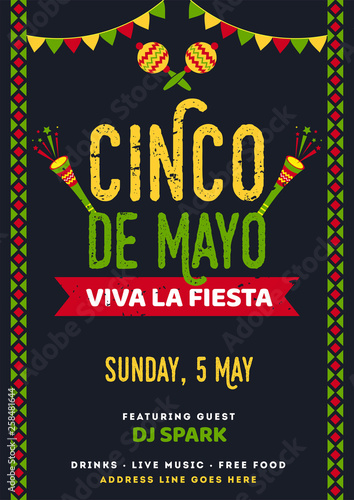 Retro black background template or card design with  text and details customized for fiesta party with celebration elements.
