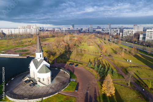 The Church of St. George the Victorious and Pulkovo Park on a cloudy November day (filming from a quadcopter). Saint-Petersburg, Russia photo