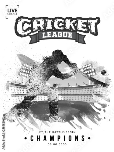 Cricket Championship template or flyer design with doodle illustration of cricket batsman in playing action and details on b&w stadium view background.