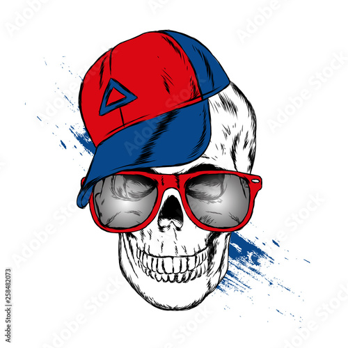 Skull in a cap and glasses. Vector illustration for greeting card or poster, print on clothes.
