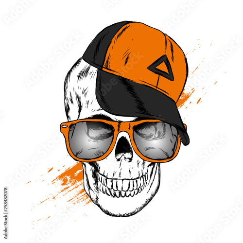 Skull in a cap and glasses. Vector illustration for greeting card or poster, print on clothes.