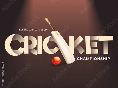 Realistic cricket bat and ball on brown background for Cricket Championship banner or poster design.